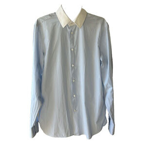 Gucci Blue Striped White Collared Embroidered Logo Button Down Dress Shirt US 16